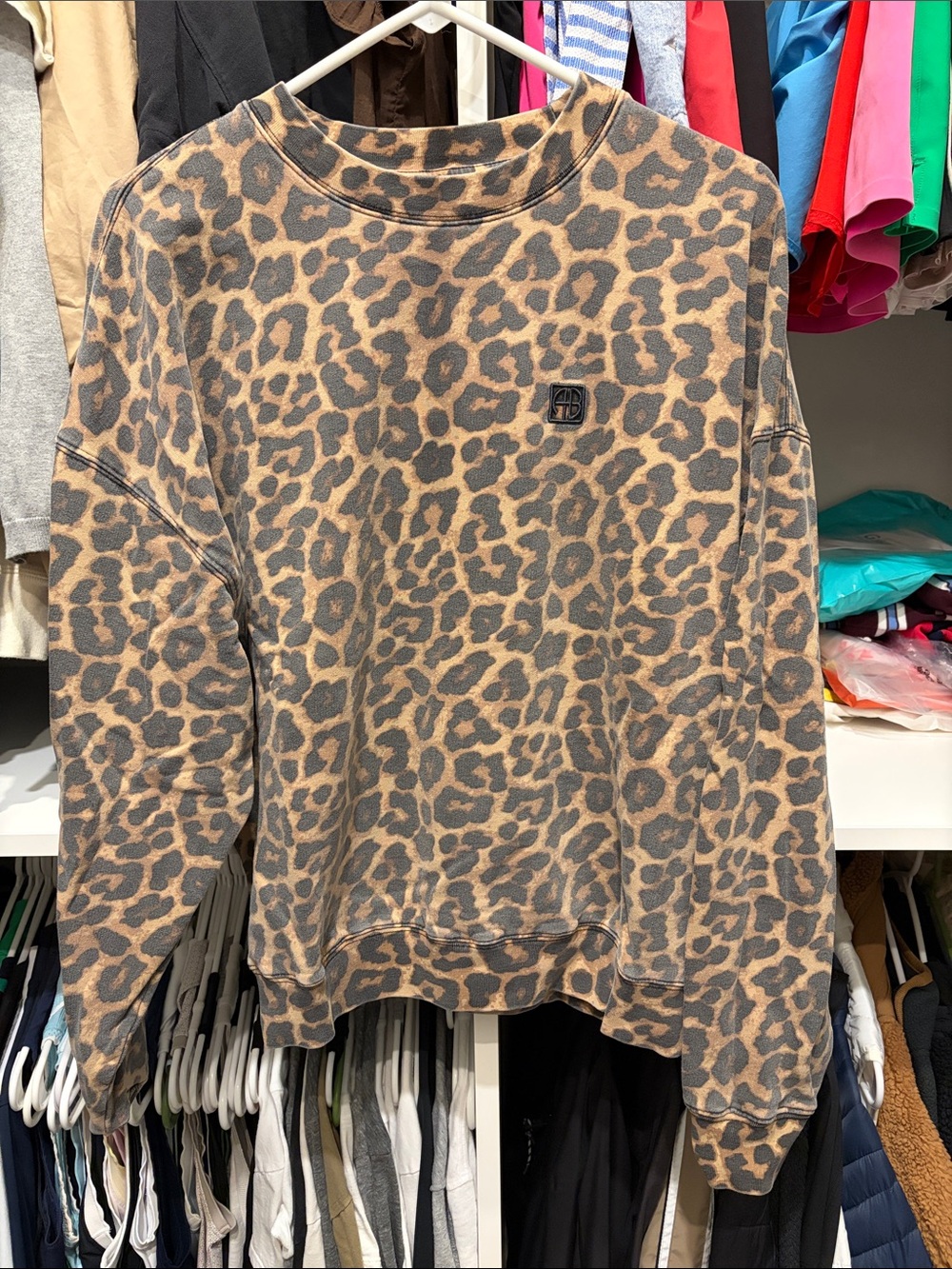 Anine Bing Leopard Print Crewneck Sweater in Brown and Black